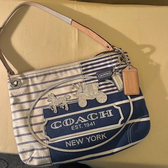 Coach Striped Blue and Tan Shoulder Bag - Picture 1 of 8